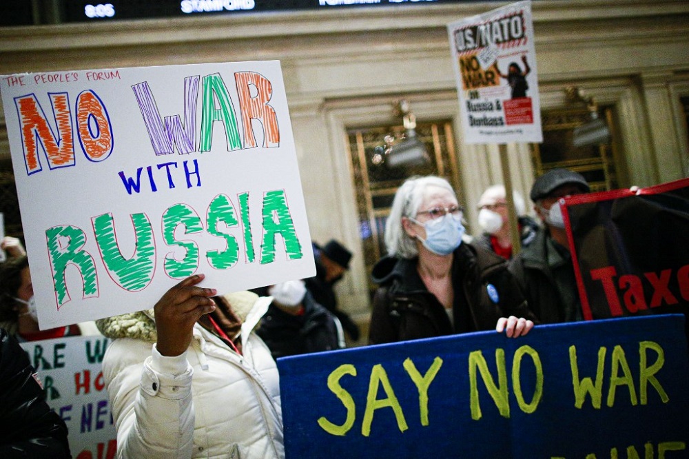 Protestors gather to oppose a US war with Russia over Ukraine at Grand Central Terminal in the Manhattan borough of New York February 19, 2022. u00e2u20acu201d AFP pic