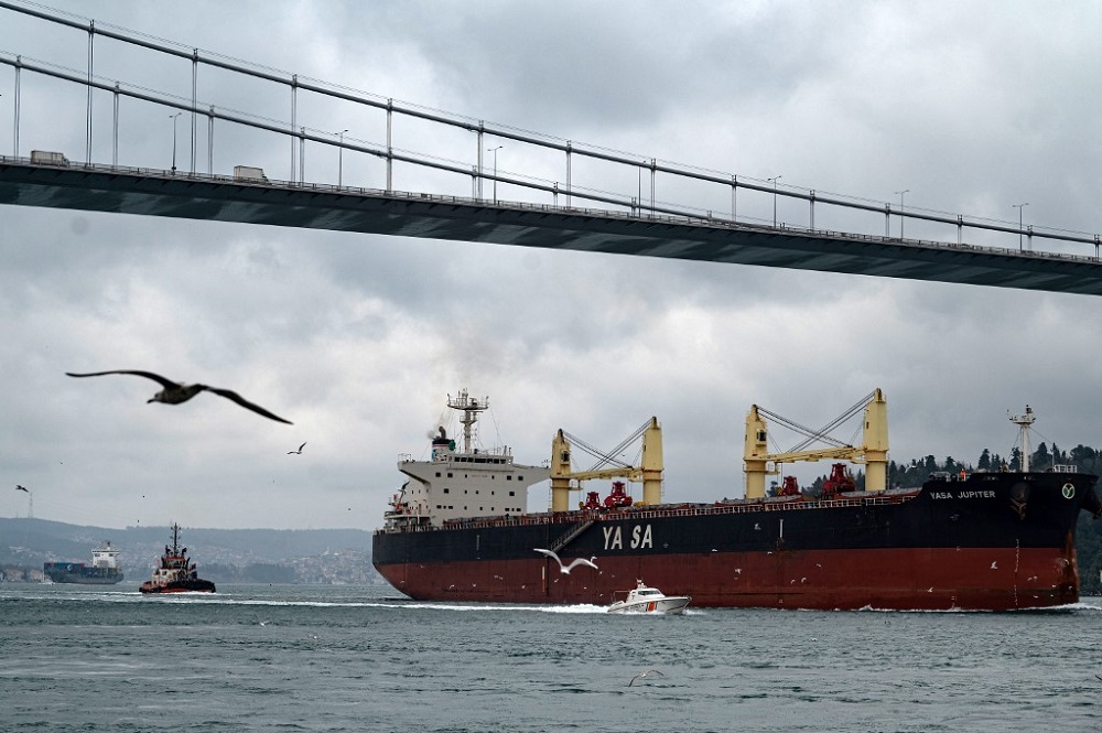 The Marshall Islands-flagged Turkish-owned Yasa Jupiter ship, which was hit by a missile off the coast of Ukraineu00e2u20acu2122s port city Odessa, sails on the Bosphorus in Istanbul, Turkey February 25, 2022. u00e2u20acu201d AFP pic