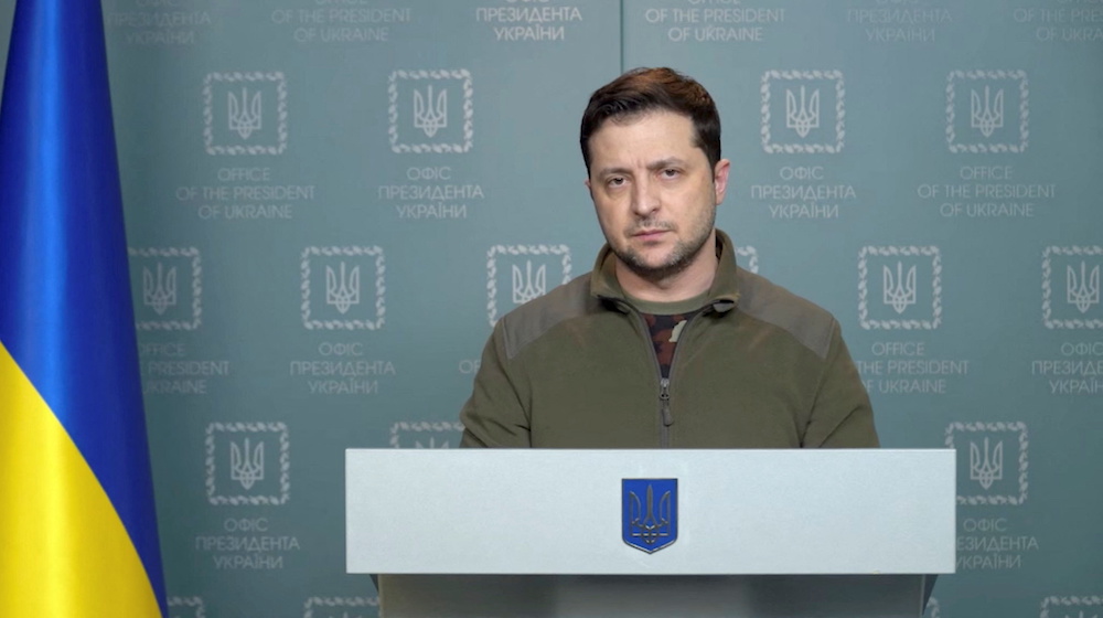 Ukrainian President Volodymyr Zelenskiy makes a statement in Kyiv, in Ukraine, February 28, 2022. u00e2u20acu201d Ukrainian Presidential Press Service/Handout via Reuters