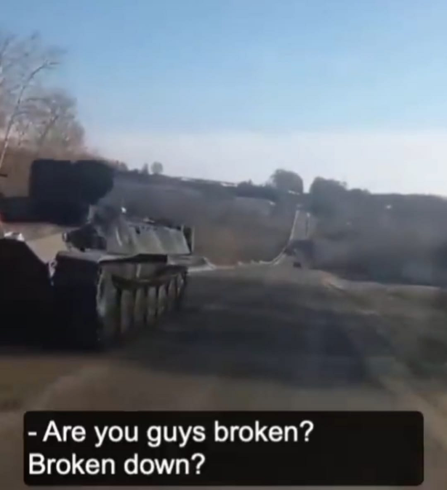 Clip of an Ukrainian man offering to tow a Russian tank back to Russia after it ran out of petrol while on its way to Kyiv has gone viral on social media. u00e2u20acu201d Screen capture from Twitter/ aliostad
