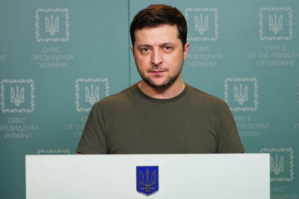 This handout video grab taken and released by the Ukraine Presidency press service on March 1, 2022 shows Ukrainian President Volodymyr Zelensky delivering an address in Kyiv. u00e2u20acu201d Ukraine press service handout via AFP n n