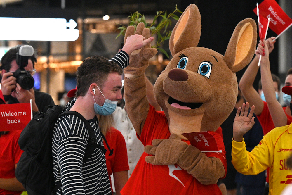 A mascot welcomes passengers upon arrival at the Sydney International Airport on February 21, 2022, as Australia reopened its borders for fully vaccinated visa holders, tourists, and business travellers. u00e2u20acu201d AFP pic