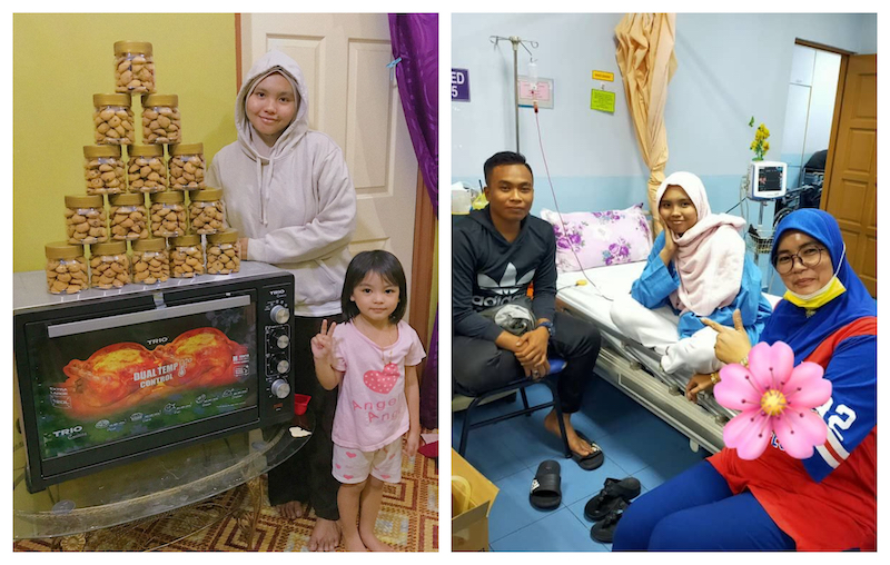 Wee Nurailin and her homemade cookies ready to be delivered, and with her husband and mother in the hospital. u00e2u20acu201d Pictures via Wee Nurailin Farissa