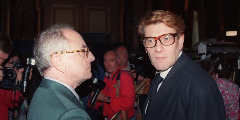 Yves Saint-Laurent (right) and Pierre Bergu00c3u00a9 in Paris July 1992. u00e2u20acu201d AFP pic