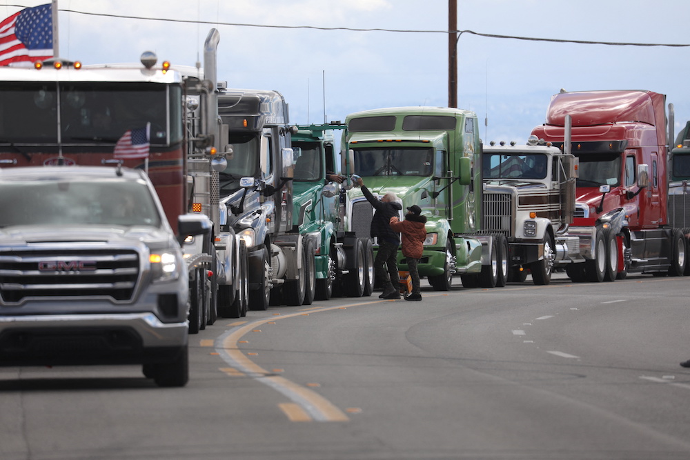 Truckers leave in a convoy for the nation's capital to protest against Covid-19 vaccine mandates, in Adelanto, California February 23, 2022. u00e2u20acu201d Reuters pic