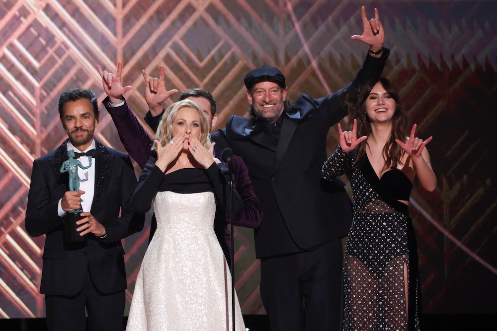 The cast of ‘CODA’ receives the award for Outstanding Performance by a Cast in a Motion Picture for ‘CODA’ at the 28th Screen Actors Guild Awards, in Santa Monica, California February 27, 2022. — Reuters pic