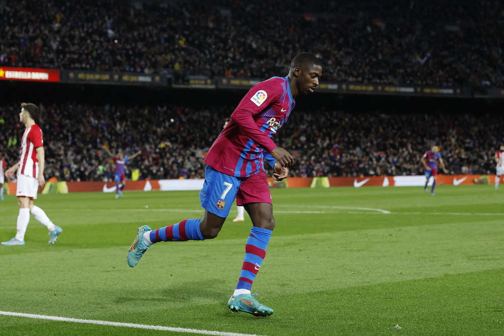 FC Barcelona's Ousmane Dembele celebrates scoring their second goal against Athletic Bilbao, Barcelona February 27, 2022. u00e2u20acu201d Reuters pic 