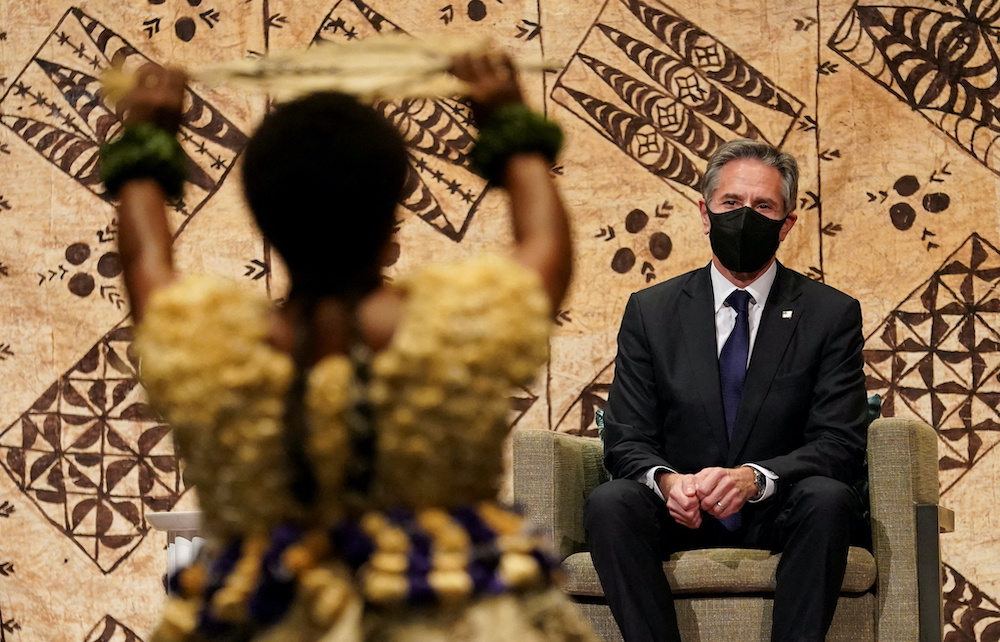 US Secretary of State Antony Blinken watches a cultural farewell ceremony during his visit to Nadi, Fiji, February 12, 2022. u00e2u20acu201d AFP pic