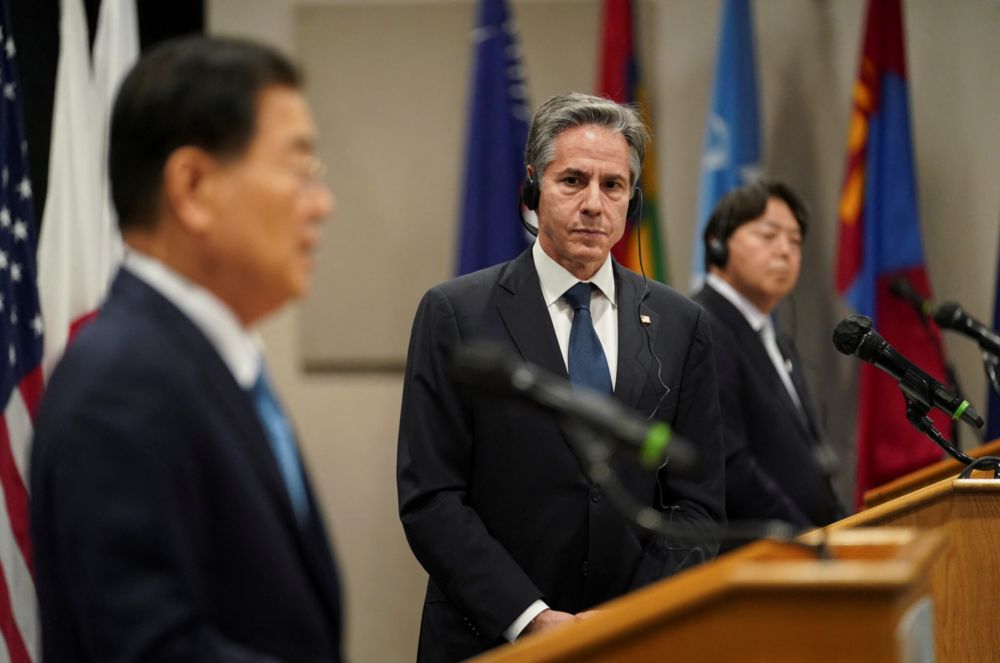 US Secretary of State Antony Blinken looks towards South Korean Foreign Minister Chung Eui-yong during a joint press availability along Japanese Foreign Minister Yoshimasa Hayashi following their meeting in Honolulu, February 12, 2022. u00e2u20acu201d Reuters pic