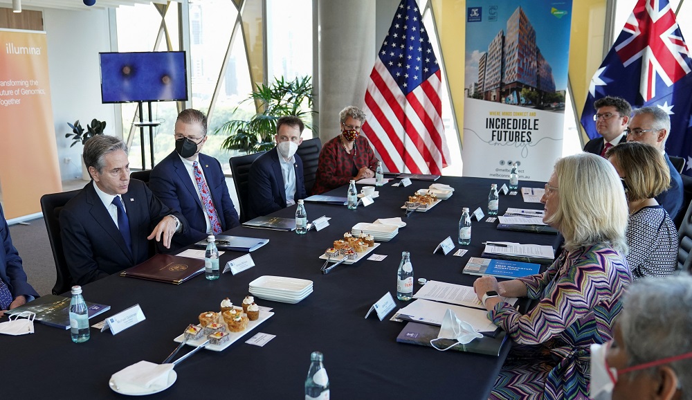 US Secretary of State Antony Blinken, visiting for tomorrow's meeting of the Quadrilateral Security Dialogue (Quad) foreign ministers, takes part in a health security partnerships roundtable at Biomedical Precinct, in Melbourne, February 10, 2022. u00e2u20acu2022 Reu