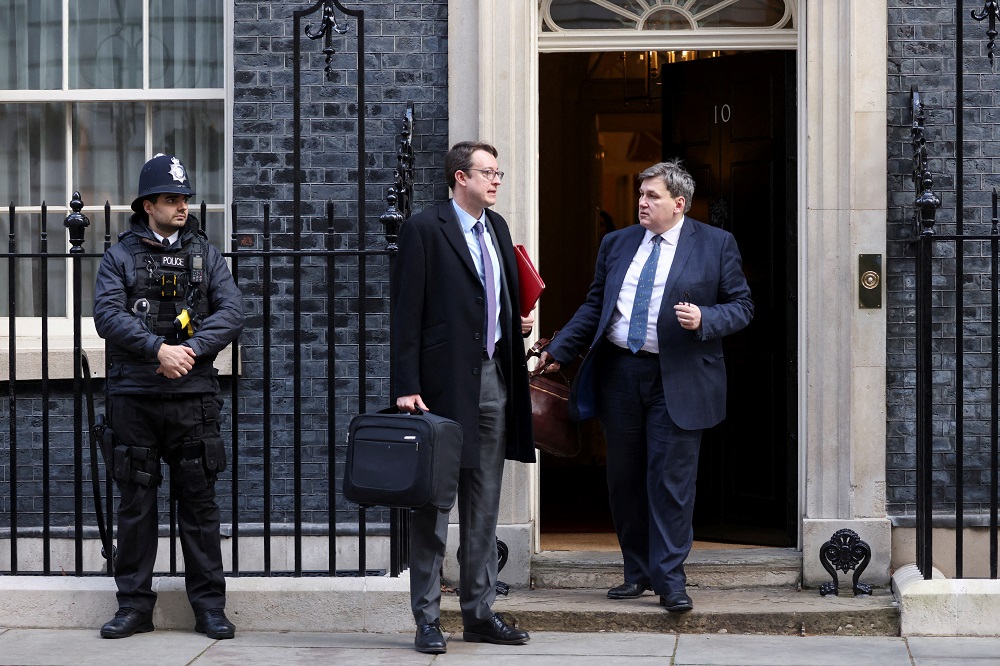 British Chief Secretary to the Treasury Simon Clarke and Minister of State for Crime and Policing Kit Malthouse walk outside Downing Street in London, Britain February 8, 2022. u00e2u20acu2022 Reuters file pic
