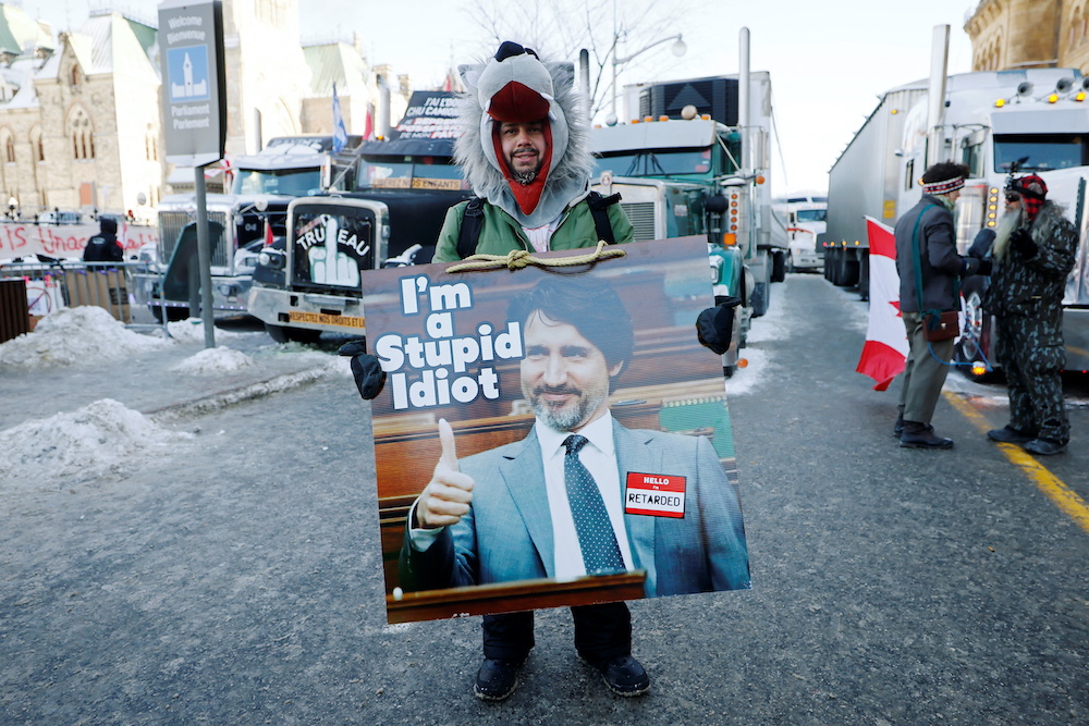 Protestors continue to demonstrate in front of Parliament Hill as truckers and supporters continue to protest against the Covid-19 vaccine mandates, in Ottawa, Ontario, Canada, February 5, 2022. u00e2u20acu2022 Reuters picnnn