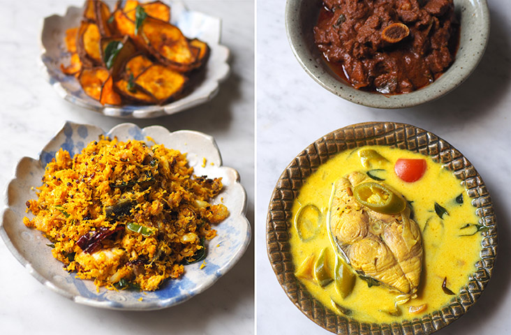 The 'sora puttu' is lovely with the flaked fish tossed in grated coconut and you can also get fried plantains (back) here with your meal (left). Order this flavourful fish 'sothi' and the tender mutton 'varuval' for lunch (right)