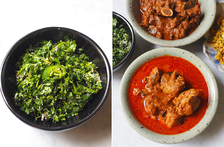Their 'gotukola sambal' adds a refreshing and crisp texture to your meal (left). The chicken 'piratal' is generous with chunks of chicken (right)