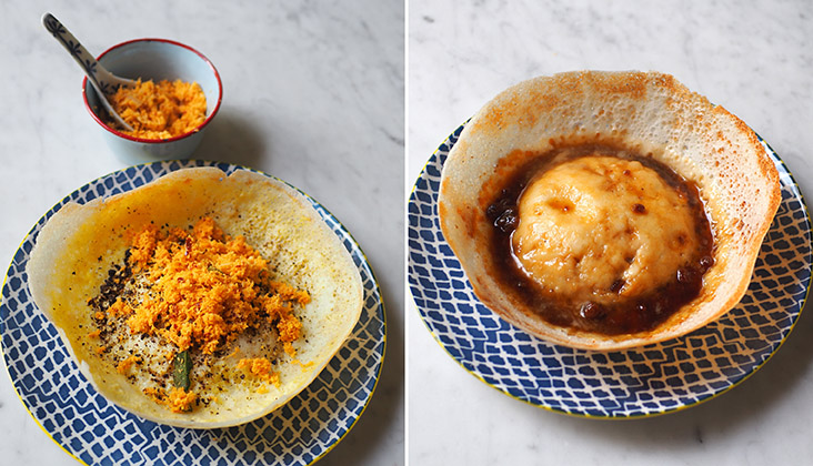 The egg 'appam' is a savoury treat with its fragrant black pepper and coconut sambal (left). Truly one of the best sweet 'appams' with crispy edges and a soft middle part that is laced with melted jaggery (right)