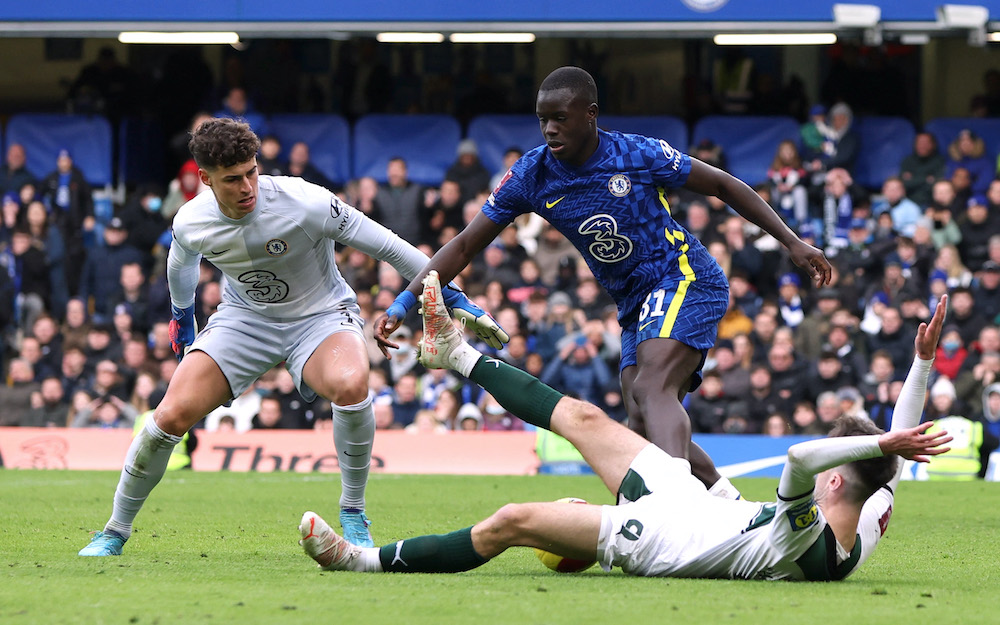 Plymouth Argyleu00e2u20acu2122s Ryan Hardie is fouled by Chelseau00e2u20acu2122s Malang Sarr in the area resulting in a penalty to Plymouth during their FA Cup Fourth Round match at Stamford Bridge in London, February 5, 2022. u00e2u20acu2022 Reuters picnnn