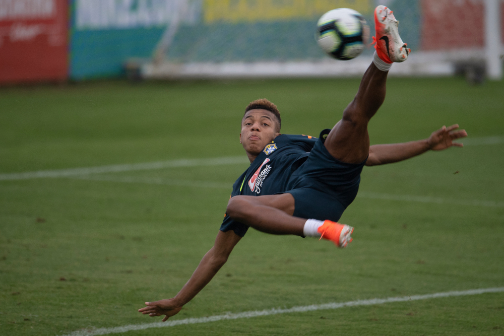 In this file photo taken May 25, 2019 Brazilu00e2u20acu2122s footballer David Neres scores a goal during a training session of the national team at the Granja Comary sport complex in Teresopolis, Brazil, ahead of the Copa America football tournament. u00e2u20acu201d AFP pic