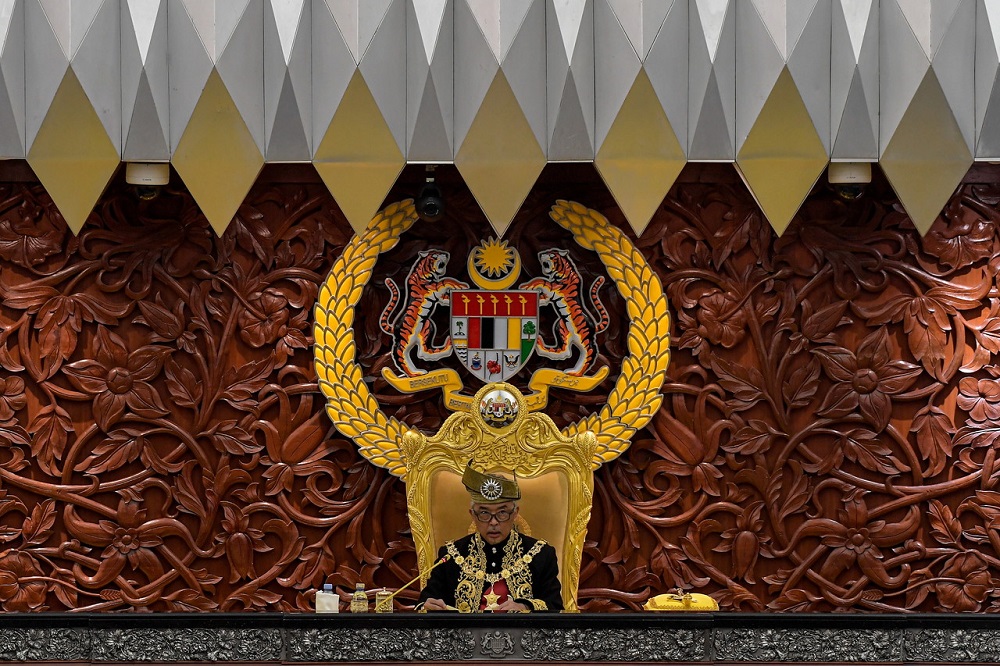 Yang di-Pertuan Agong Al-Sultan Abdullah Riu00e2u20acu2122ayatuddin Al-Mustafa Billah Shah delivers the royal address when gracing the opening of the First Meeting of the Fifth Session of the 14th Parliament in Kuala Lumpur February 28, 2022. u00e2u20acu201d Bernama pic