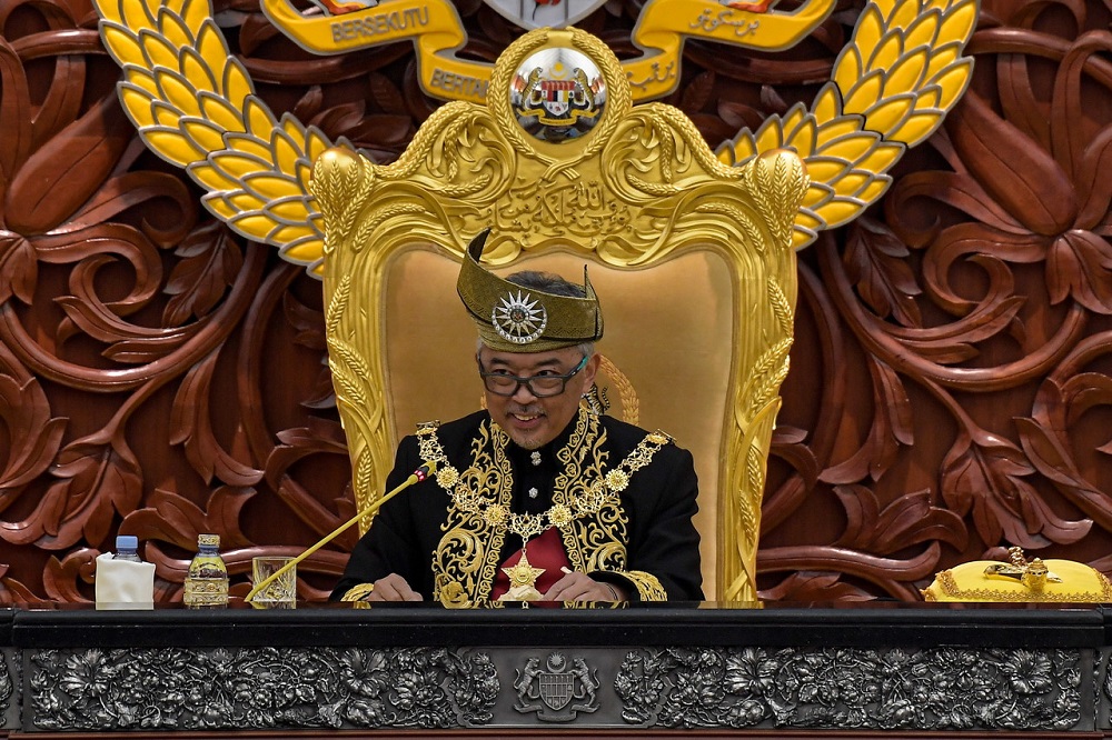 Yang di-Pertuan Agong Al-Sultan Abdullah Riu00e2u20acu2122ayatuddin Al-Mustafa Billah Shah delivers the royal address when gracing the opening of the First Meeting of the Fifth Session of the 14th Parliament in Kuala Lumpur February 28, 2022. u00e2u20acu201d Bernama pic
