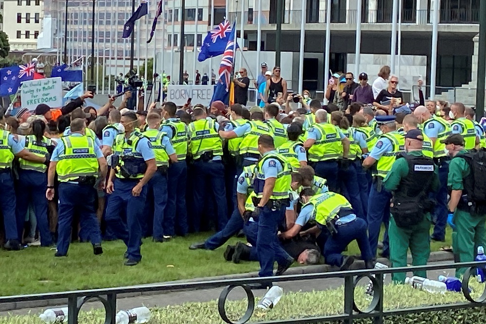 An anti-vaccine mandate protester is detained as people gather to demonstrate in front of the parliament in Wellington, New Zealand February 10, 2022. u00e2u20acu2022 Reuters pic