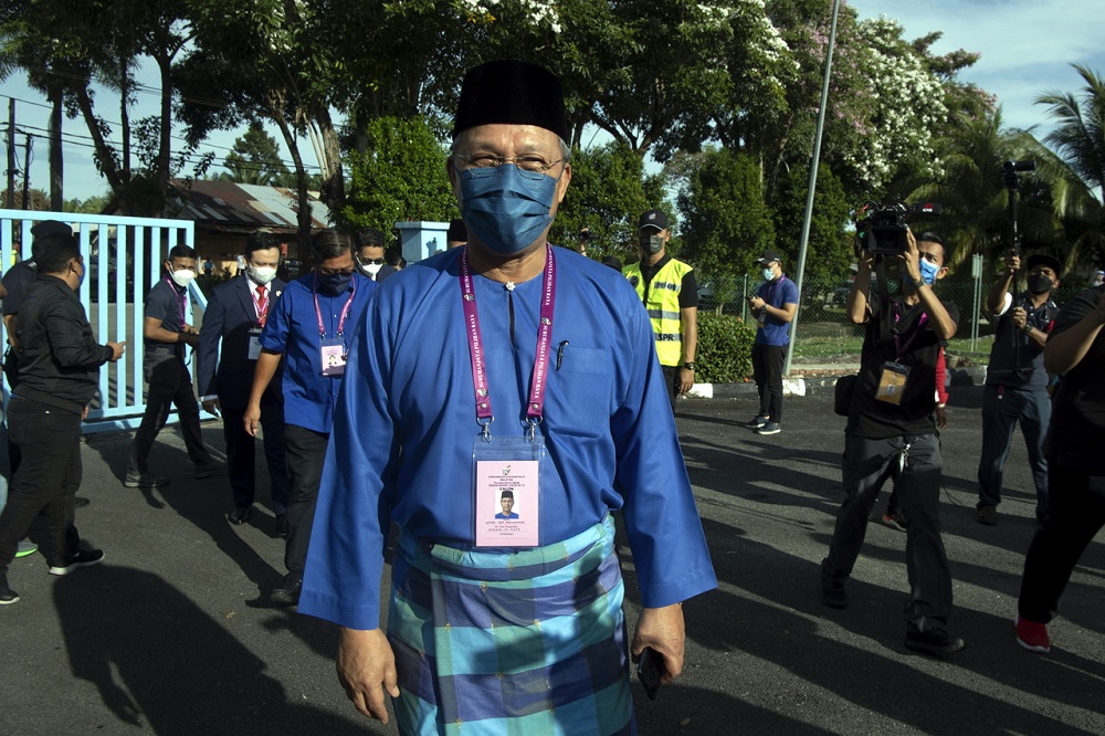 Barisan Nasional candidate Datuk Hasni Mohammad arrives at the nomination centre in Benut February 26, 2022. ― Bernama pic