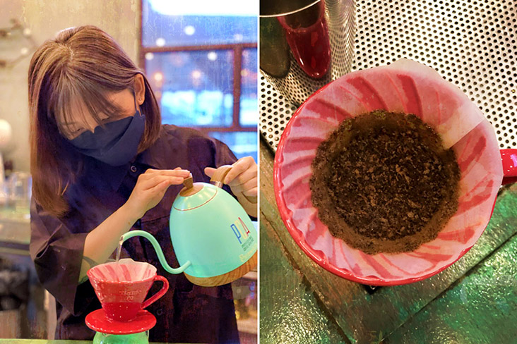 Barista Kay brewing pour-over coffee (left). Spent grounds (right).