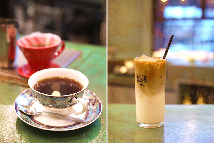 Pour-over coffee in a tea cup (left). Iced Coconut Latte (right).