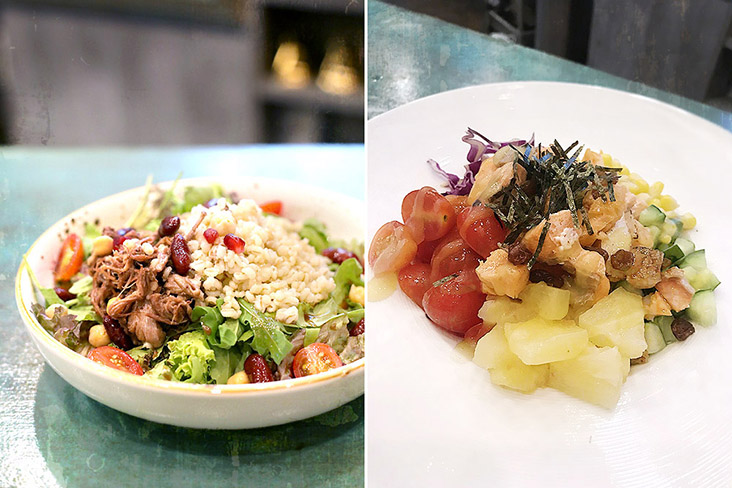 Chef’s Style Pulled Lamb (left). Pineapple Seared Salmon Healthy Bowl (right).