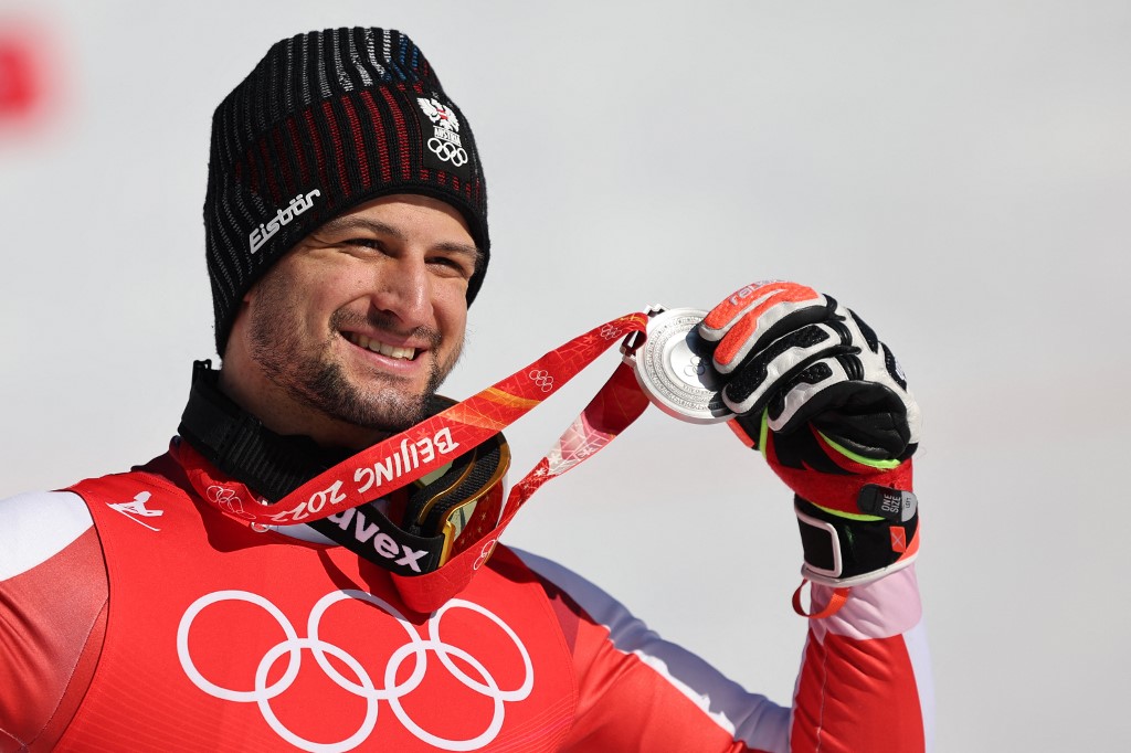 Silver medallist Austriau00e2u20acu2122s Johannes Ewald Strolz poses during the menu00e2u20acu2122s slalom victory ceremony at the Beijing 2022 Winter Olympic Games at the Yanqing National Alpine Skiing Centre in Yanqing on February 16, 2022. u00e2u20acu201d AFP pic