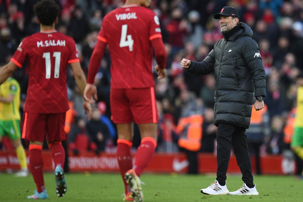 Liverpool manager Jurgen Klopp celebrates on the pitch after the English Premier League match against Norwich City at Anfield in Liverpool, February 19, 2022. u00e2u20acu201d AFP pic 