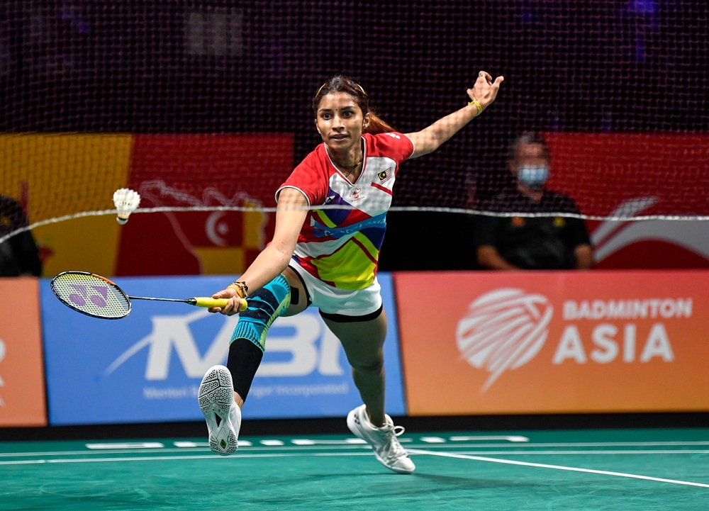 National womenu00e2u20acu2122s singles ace S. Kisona in action during the Badminton Asia Team Championships (BATC) 2022 in Shah Alam February 19, 2022. u00e2u20acu2022 Bernama pic