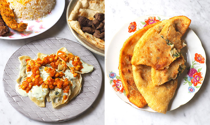 The Ashak are meatless dumplings filled with vegetables and accompanied with a yoghurt mint dip and split pea stew (left). The Bolani is essentially fried flatbread stuffed with mashed potatoes and spring onions (right)