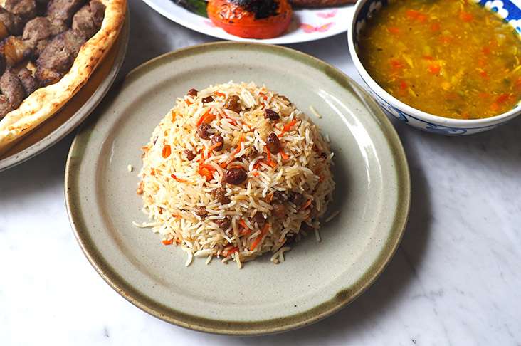 The Kabuli Palaw is delicious with steamed rice mixed with grated carrot, spices and raisins