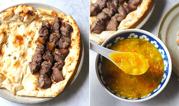 For a traditional Afghan taste, there's the Lamb Tika Kebab where meat is paired with sheep's fat (left). Each order of food comes with their homemade chicken soup that has a nice, comforting taste with shredded chicken and vegetables (right)