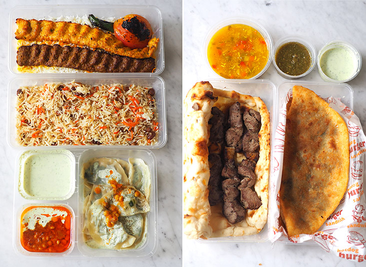 Order the takeaway via their website for items like the kebabs, dumplings and rice (left). The items are packed in rectangular boxes to allow them to fit nicely (right)