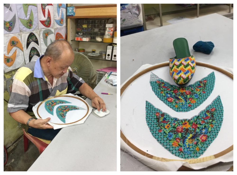 Lim working on a bead embroidery design to be made into a colourful 'kasut manek' with assorted beads. u00e2u20acu201d Picture courtesy of Lim Tian Seng