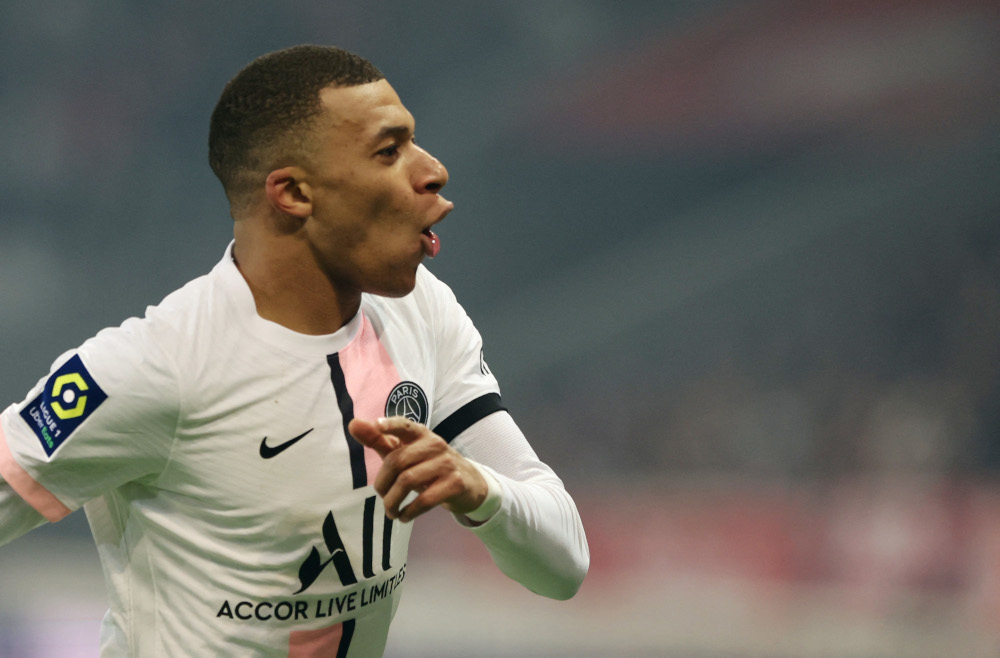 Paris St Germainu00e2u20acu2122s Kylian Mbappe celebrates scoring their fifth goal against Lille at Stade Pierre-Mauroy, Villeneuve-du00e2u20acu2122Ascq, France, February 6, 2022. u00e2u20acu2022 Reuters pic  