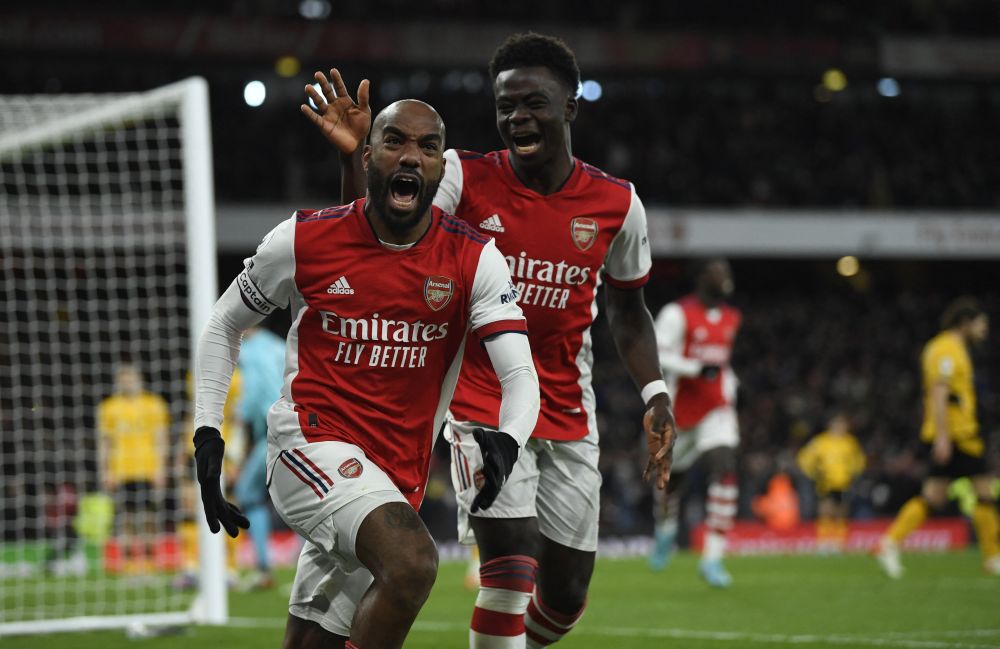 Arsenal's Alexandre Lacazette celebrates after scoring against Wolverhampton Wanderers at the Emirates Stadium, London February 24, 2022. u00e2u20acu201d Reuters pic