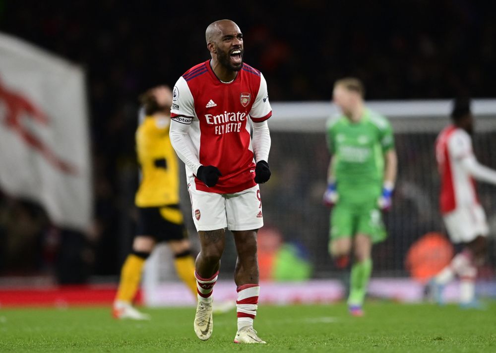 Arsenal's Alexandre Lacazette celebrates after the match against Wolverhampton Wanderers at the Emirates Stadium, London February 24, 2022. u00e2u20acu201d Reuters pic