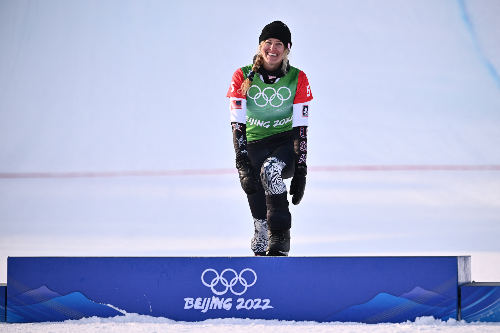 Gold medallist USAu00e2u20acu2122s Lindsey Jacobellis celebrates on the podium after the snowboard womenu00e2u20acu2122s cross final at the Genting Snow Park P & X Stadium in Zhangjiakou, February 9, 2022. u00e2u20acu2022 AFP pic 