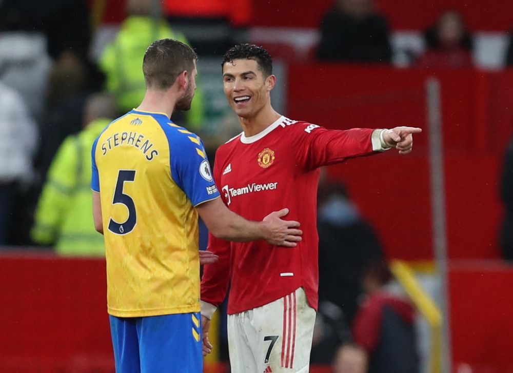 Manchester Unitedu00e2u20acu2122s Cristiano Ronaldo and Southamptonu00e2u20acu2122s Jack Stephens after their Premier League match, February 12, 2022 at Old Trafford, Manchester. u00e2u20acu201d Reuters pic
