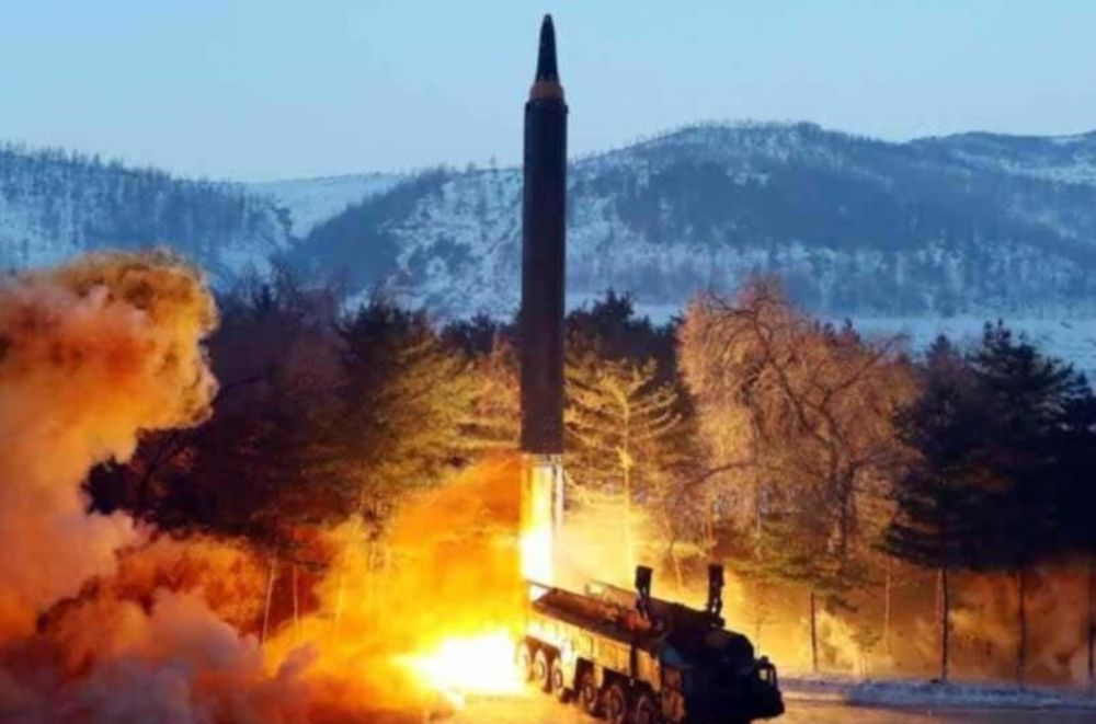 A photo appears to be a Hwasong-12 intermediate and long-range ballistic missile test, that state media KCNA says was carried out on Sunday Jan 30, 2022, released on January 31, 2022. u00e2u20acu201d Rodong Sinmun/EYEPRESS via Reuters