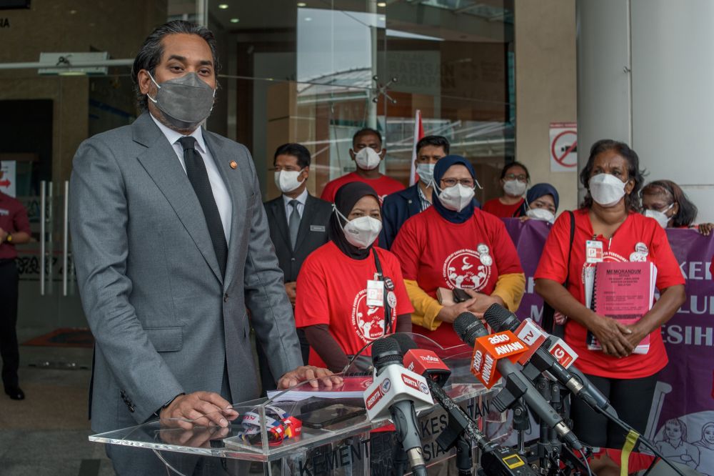 Health Minister Khairy Jamaluddin speaks during a press conference after meeting representatives from NUWHSAS in Putrajaya February 8, 2022. u00e2u20acu2022 Picture by Shafwan Zaidon