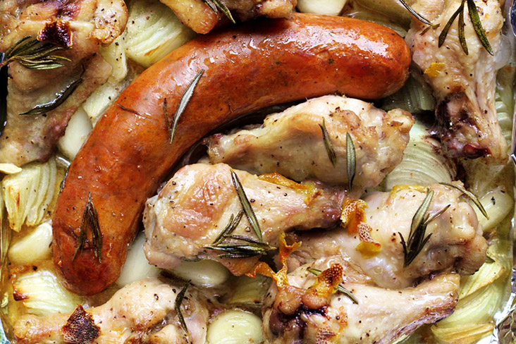 When roasting, consider pairing different meat items such as chicken and sausages.