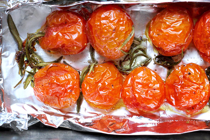 Roasted cherry tomatoes on the vine.