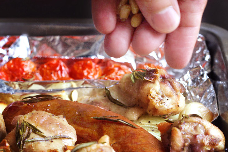 Sprinkling some toasted pine nuts at the end of roasting.