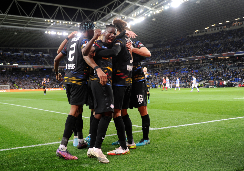 Leipzigu00e2u20acu2122s players celebrate after scoring their third goal during the Europa League football match between Real Sociedad and RB Leipzig at the Anoeta stadium in San Sebastian, February 24, 2022. u00e2u20acu201d AFP pic 