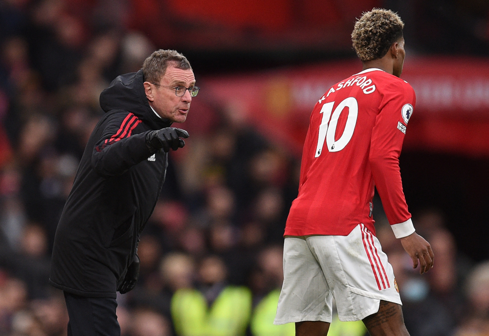 Manchester United interim head coach Ralf Rangnick gives instructions to Marcus Rashford during the English Premier League match against Southampton at Old Trafford in Manchester, February 12, 2022. u00e2u20acu201d AFP pic 