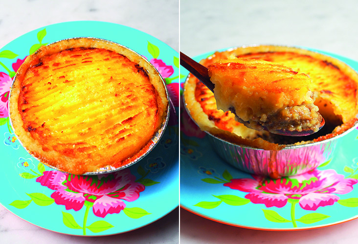 You can take away their shepherd's pie and cook it at home for a lovely meal (left). The pie has minced lamb for a heartier bite and is made according to a family recipe (right).