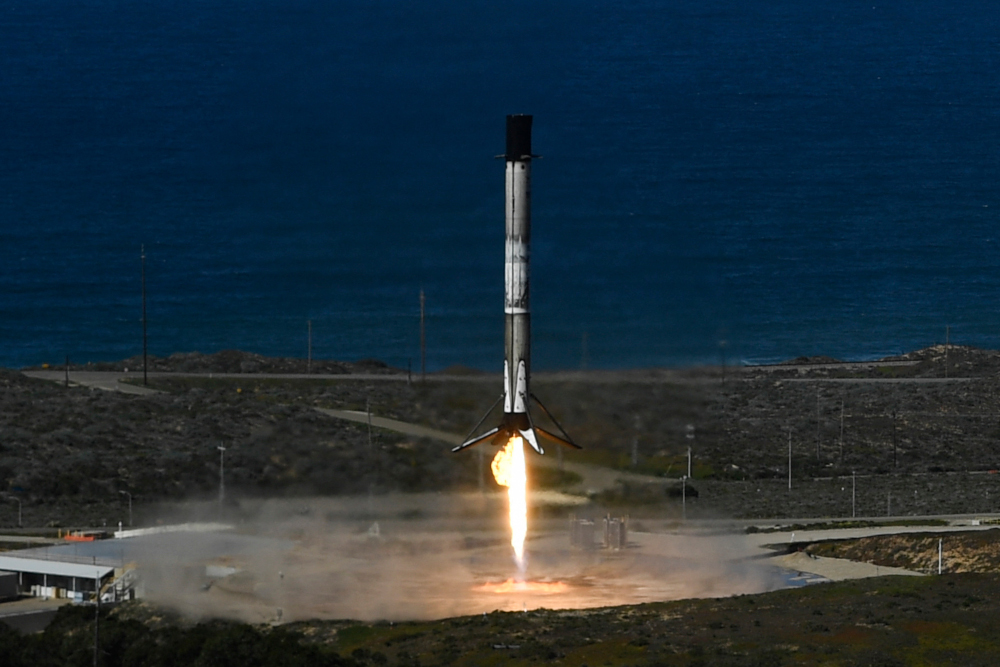 The reusable first stage of a SpaceX Falcon 9 rocket returns to land after the launch of the NROL-87 spy satellite payload at Vandenberg US Space Force Base on February 2, 2022 in Lompoc, California. u00e2u20acu201d AFP pic 